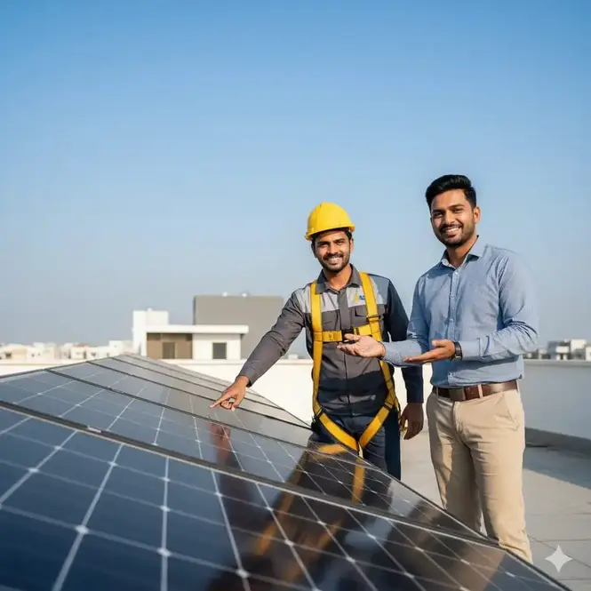Technician installing solar panels on a rooftop for sustainable energy solutions.