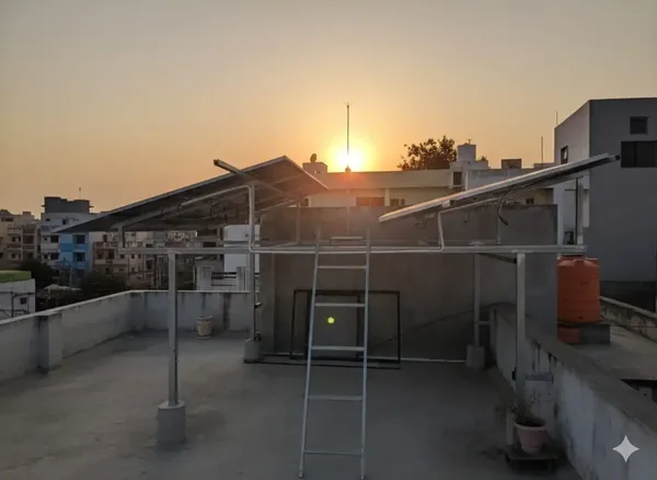 Solar technician installing photovoltaic panels on a sunny rooftop.